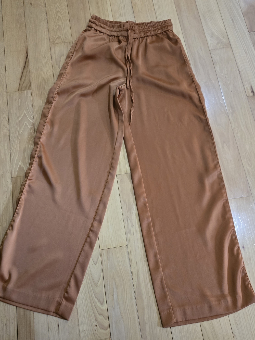 Satin Wide-Leg Drawstring Pants - Rust